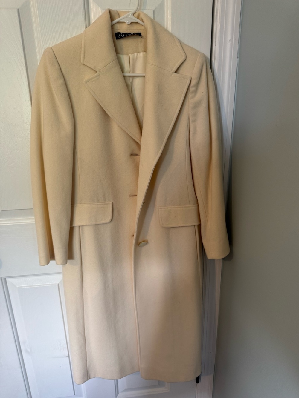 Vintage 1980s JG Hook Cream Wool Longline Trench Overcoat Preppy